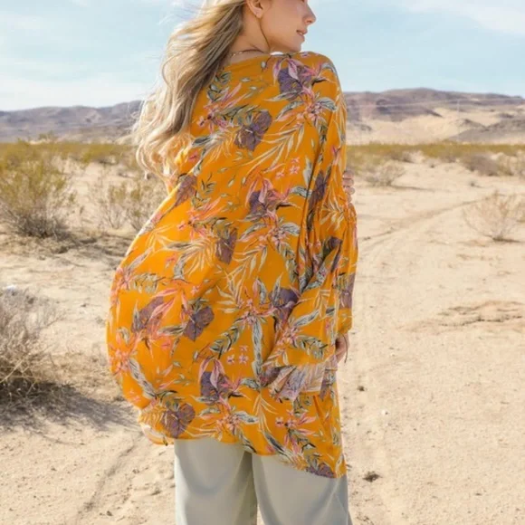 Boho Floral Tropical Leaves Open Front Ruffle Sleeve Kimono Cover up - Picture 3 of 3